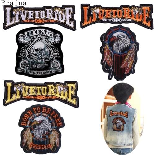 Prajna Live To Ride Motorcycle Patch Punk Biker Iron On Embroidered Patches For Clothes Stripes Hippie Letter Patches Applique