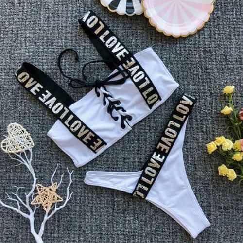Sexy Letter Brazilian Bikini New Mujer Swimwear Women Swimsuit Halter Push Up Bathing Suit Beach Wear Thong Biquini