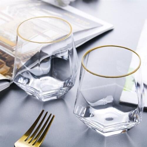 Glass Mug Creative Crystal Diamond Cup Coffee Mug Gold Painted Six Edged Glass Household Transparent Juice Milk Glasses Drinking