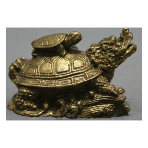 Folk Chinese Pure Brass FengShui Wealth Shou Longevity Dragon Turtle Statue pair wholesale 2PCS copper Decoration real Brass