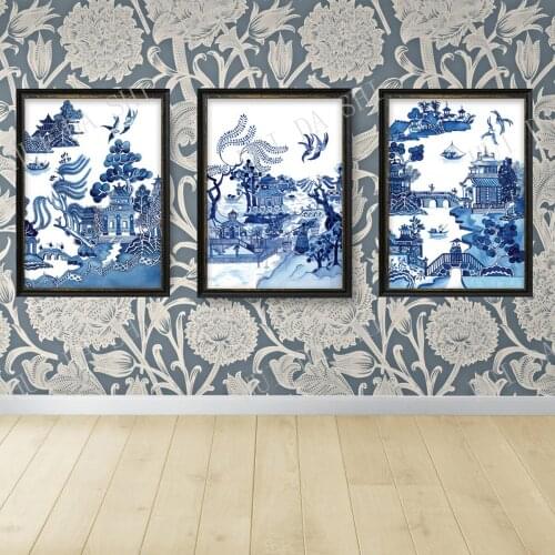 REPRODUCTION PRINT of chinoiserie blue and white Willow design. This Willow pattern is a twist on the original design