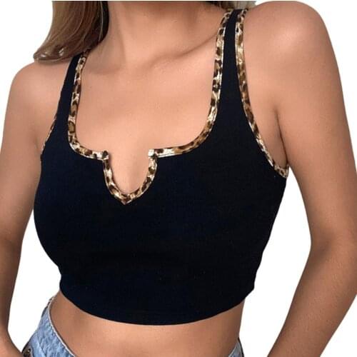 Women’s Slim Tank Tops Sleeveless Patchwork Leopard Edge Deep V-neck Crop Short Clothes for Summer