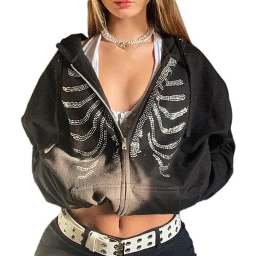 Women Goth Punk Zip Up Hoodies Jacket Rhinestone Breastbone Print Long Sleeve Sweatshirt Coat Oversized Loose Streetwear Top