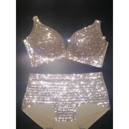 Shining Inlaid Diamonds Sleeveless Halter Women Bra Shorts Two-Piece Set Nightclub Performance Costumes Pole Dancing Outfit