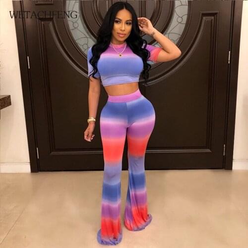 2020 Sexy Tie Dye Two Piece Sets Women Summer Crop Top Flare Pants Tracksuit Lounge Wear Outfits Sport Suit Clothes Ropa Mujer