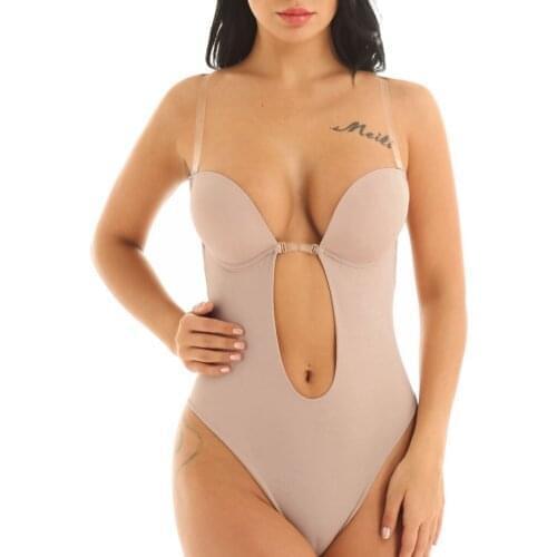 Womens Body Shaping Underwear Bodysuit Deep V-Neck Lingerie Bodysuit Tops Bra Push-Up One-Piece Backless Bridal Sleepwear