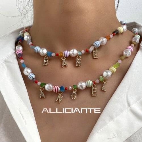 Boho Crystal Custom Letter Candy Beaded Necklace For Women Imitation Pearls Choker Natural Stone Bead Initial Name DIY Jewelry