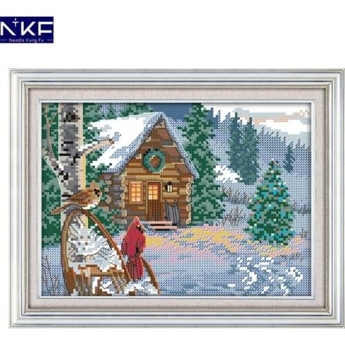 NKF Winter Cabin Pattern Counted Cross Stitch 11CT 14CT Cross Stitch Kit for Embroidery Cross Landscape Needlework Home Decor