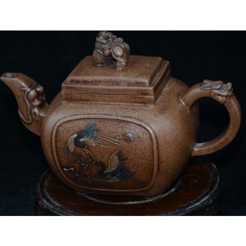 Old Qing Dynasty ZiSha Pottery Tea Pot,Crane & Lion & Dragon, with Mark,best collection& adornment, Free shipping