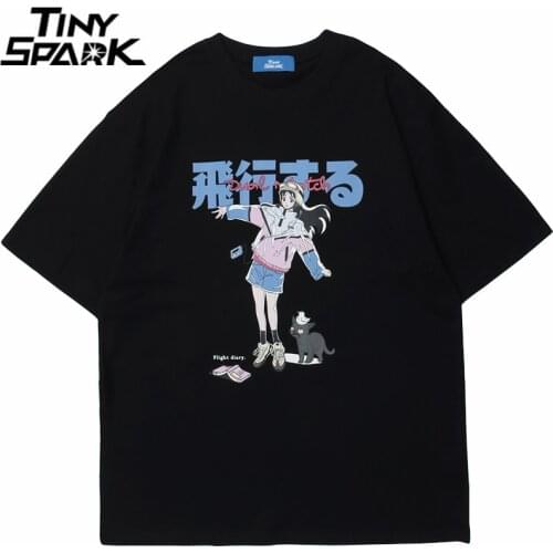 Hip Hop Cartoon Girl Cat Japanese Kanji Print T Shirt Streetwear Harajuku T-Shirt 2021 Men Summer Short Sleeve Tshirt Tops Tees