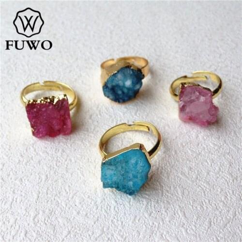 FUWO Irregular Crystal Quartz Rings With 24k Gold Filled Mixed Color Natural Druzy Cluster Rings Adjustable Size Wholesale RG009