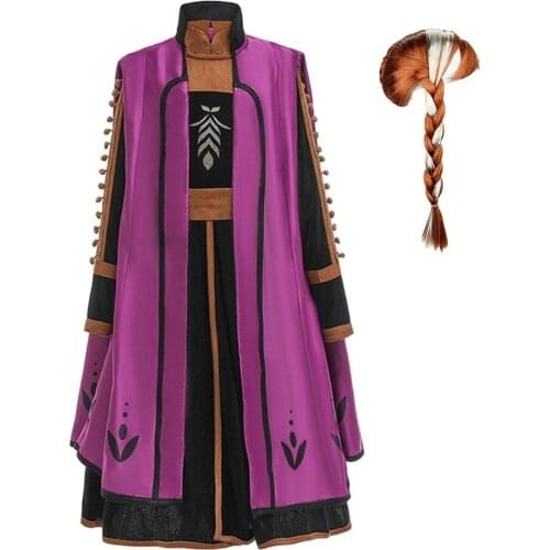 2 Pcs Set Girls Snow Queen 2 Anna Deluxe Costume Princess Dress Cloak Outfit for Children Kids Halloween Party Dress Up Clothes
