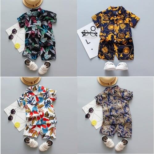 1-5 Years Summer Boys Clothes Sets Flower Printing Tops+Cotton Short Pants 2 Pieces Suit Infant Boys Party Clothing Size