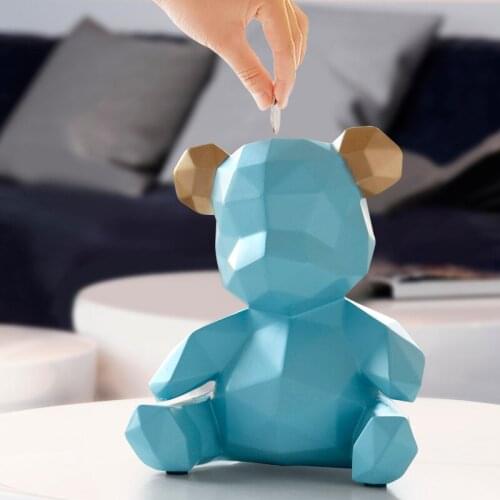 GEOMETRY BEAR COIN PIGGY BANK STATUE ORIGAMI ANIMAL MONEY BANKS RESIN CRAFTWORK HOME ACCESSORIES L2987