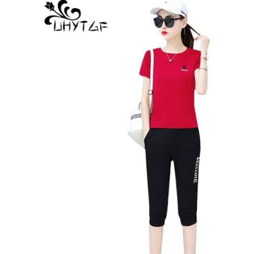 UHYTGF Summer suit for women Korean fashion short-sleeved tops and pants 2 piece set women casual Plus size tracksuit women 1366