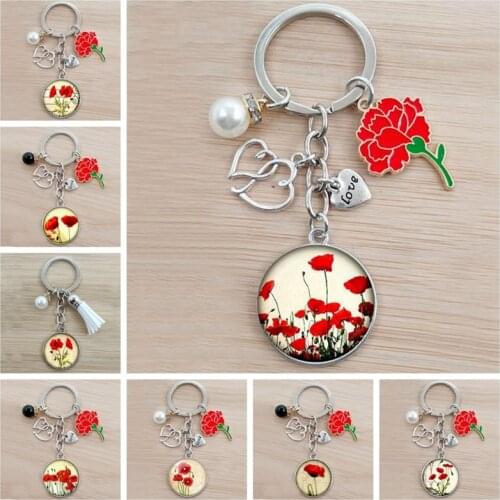 Poppy Red Flower Keychain Glass Cabochon Keychain Jewelry