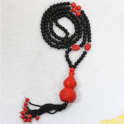 Fashion Red Cinnabar 25X46mm Gourd Pendant Round 6mm Black Carnelian Beads Charms Long Rope Chain Jewelry Necklace 39" B964
