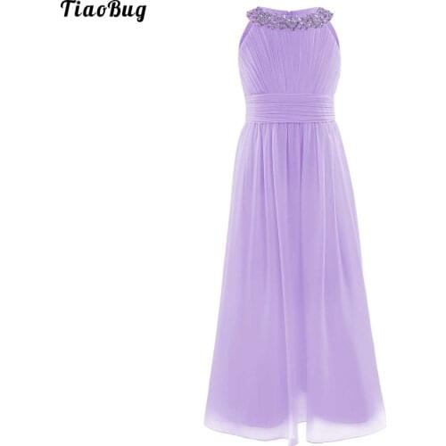 Fashion Girls Chiffon Sleeveless Flower Girl Dress Halter Rhinestone Princess Pageant Wedding Bridesmaid Birthday Party Dress