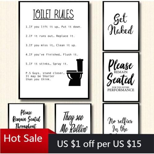 Wall Art Canvas Painting Funny Bathroom Rules Sign Nordic Black White Poster Prints Toilet Humour Pictures Home Bathroom Decor