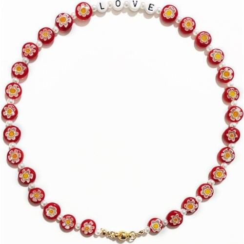Red Flower Beads Beaded Choker Personalized Name Imitation Pearl Necklace Women Fashion Charm Jewelry Millefiori подарок маме