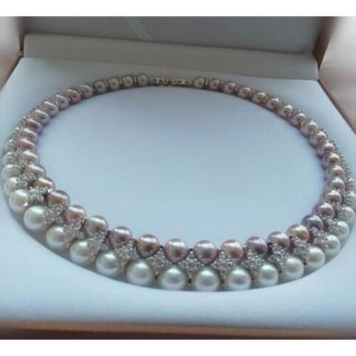 Double fashion light freshwaterpearl Necklace genuine 925 silver special AA CZ zircon P