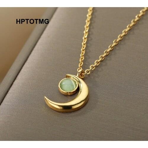 Opal Crescent Moon Pendant Necklace for Women Men Goth Choker Chain Necklace Stainless Steel Jewelry Accessories Gifts Halloween