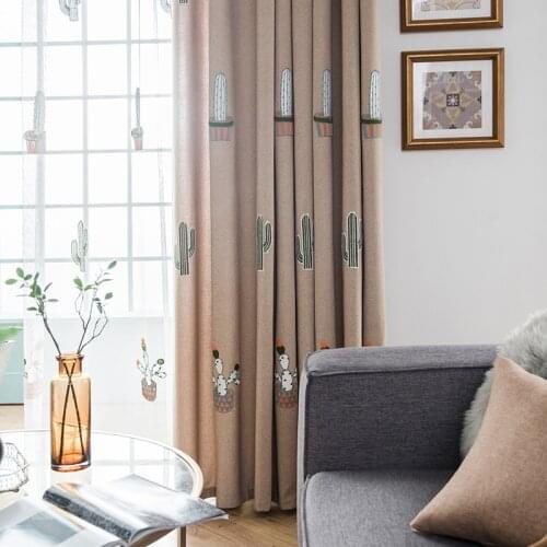Simple Modern Ins Cactus Cotton and Linen Brushed Embroidered Shade Cloth Curtins for Living Room Bedroom Curtain Blackout