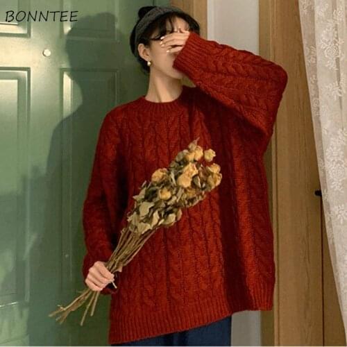 Pullovers Women Solid O-neck Casual Knitting Sweater Loose Retro Basic Simple All-match Students Fashion Vintage Korean Style