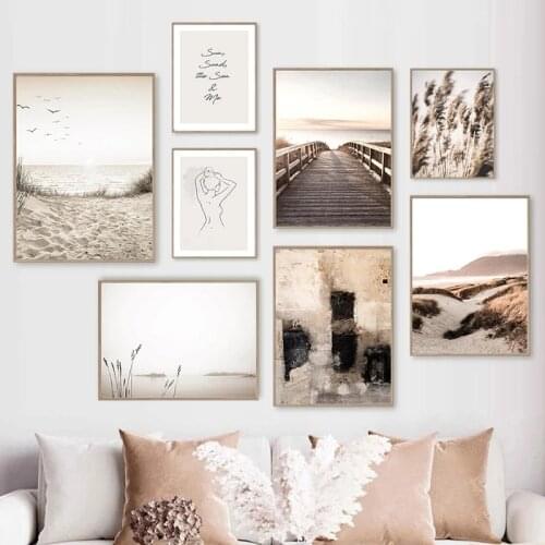 Scandinavian Nature Scenery Canvas Painting Grass Bridge Beach Sunset Wall Art Poster And Print Modern Art Picture Home Decor