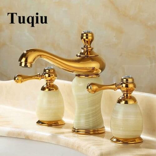 Basin Faucet Gold Brass Jade Bathroom Sink Faucet 3 Hole Widespread Basin Mixer Double Handle Hot And Cold Water Tap New Arrival