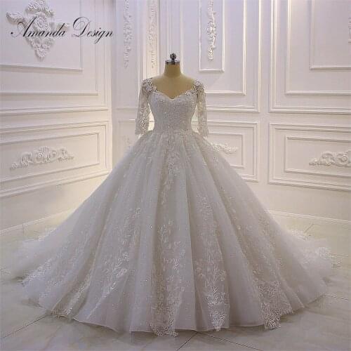 Amanda Design robe de mariee princesse de luxe Half Sleeve Lace Appliques Wedding Dress