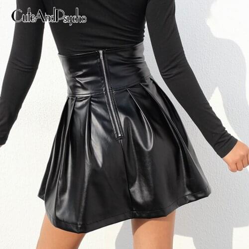 PU pencil skirt women pleated leather skirt bandage A-Line mini skirts sexy gothic black skirts streetwear nighclub Cuteandpscho