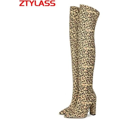 Women Suede Square High Heel Over The Knee Boots Sexy Leopard Women Stretch Boots Autumn Winter Pointed Toe Lady Shoes Green