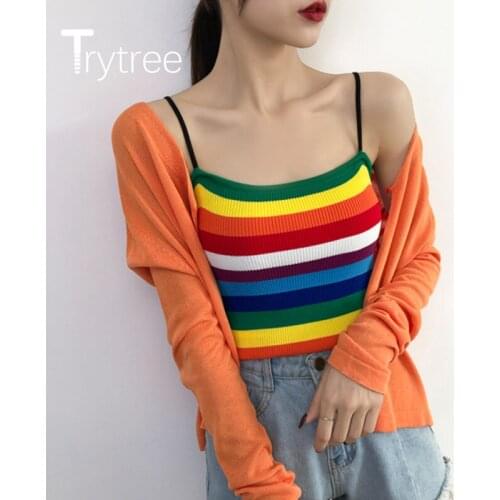 Trytree 2020 Summer Sling Vest Women Casual Solid Slim fit Knitting Rainbow Stripe Fashion All-Purpose Style Sexy Sling Vest Top