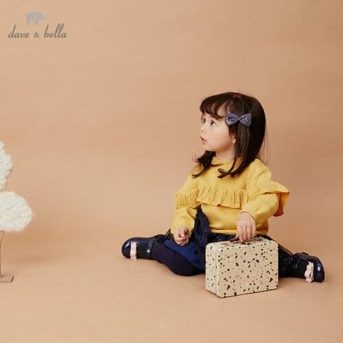 DBS14323-1 dave bella autumn cute baby girls solid draped knitted sweater kids fashion pullover toddler boutique tops