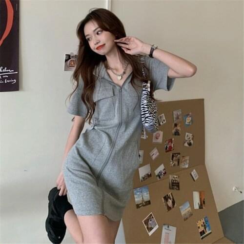 Gray Hooded Dress 2021 New Summer Womens Clothes Korean Style Loose Short Sleeve Midi Skirt