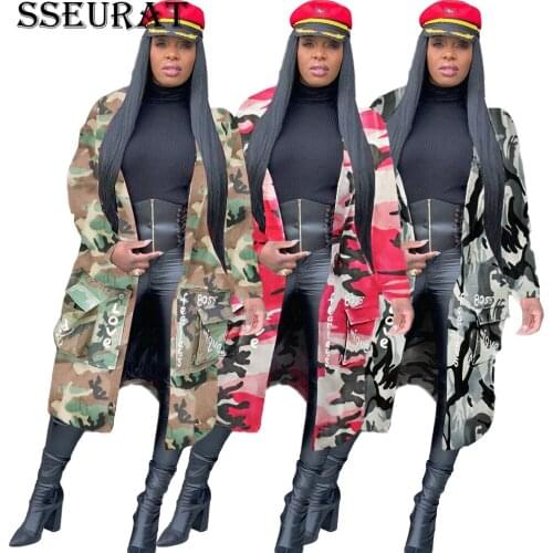 SSEURAT Winter Trench Full Sleeve Camouflage Print Coats Casual Fashion Overcoat Women Windbreaker Outer Long Bandage Coat