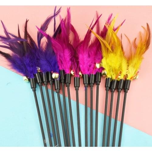 1Pc Cat Toys Feather Stick Wand with Bell Kitten Cat Teaser Turkey Feather Interactive Stick Toy Wire Chaser Wand Toy
