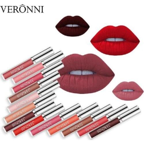 VERONNI Brand Velvet Matte Lip Gloss Makeup Super Waterproof Pigmented Nude Tint Lipgloss Sexy Lip Stick Cosmetics Set 12 Colors