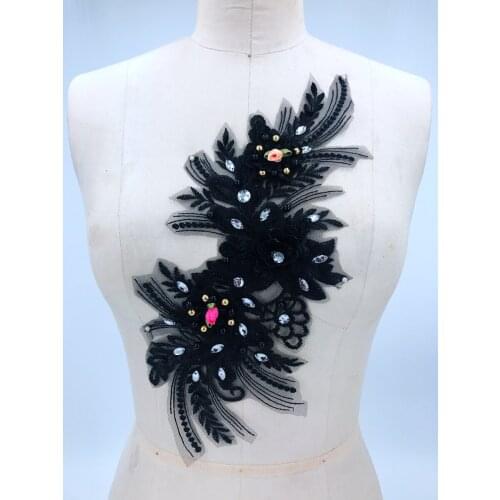 Handmade black Hot drilling Rhinestone pearl lace embroidery patch applique wedding dress bordados DIY Performance clothing
