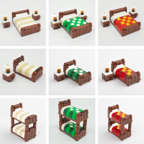 DIY Building Blocks Decoration Furniture Double Bed Single Bed Bunk MOC Bricks Bedroom City Accessories Toys for Children C035