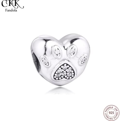I Love My Pets Heart Beads 925 Sterling Silver Paw Print Charms Fits Original Bracelet Argent Charm DIY Jewelry Making