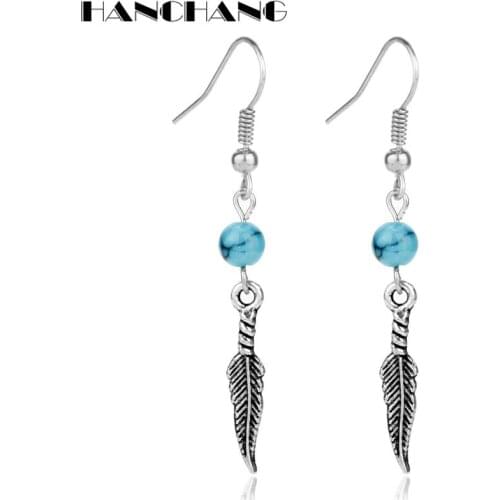 HANCHANG Jewelry Bohemia Drop Earrings for Woman Silver Plated Dreamcatcher Feather Earring Blue Beads statement earrings