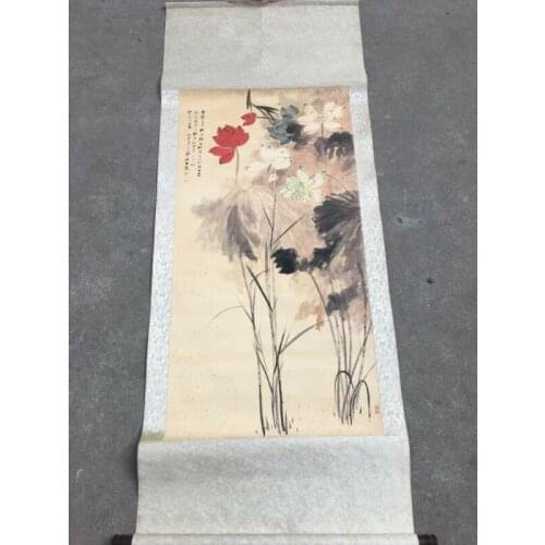 Chinese Silk Scroll Painting by Zhang Da Qian lotus Home Decoration