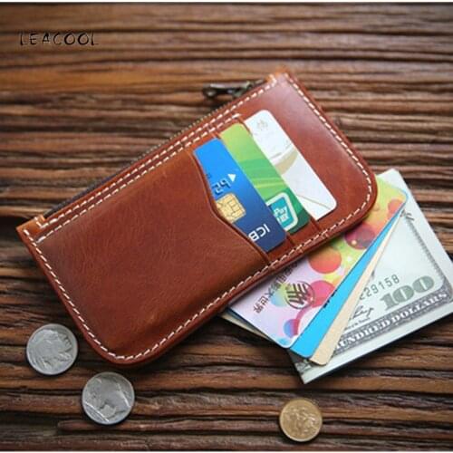 LEACOOL 1 PC Hot Portable Genuine Leathe Coin Purse Business ID Card Credit Badge Holder Wallet Keychain Bus Cards Cover