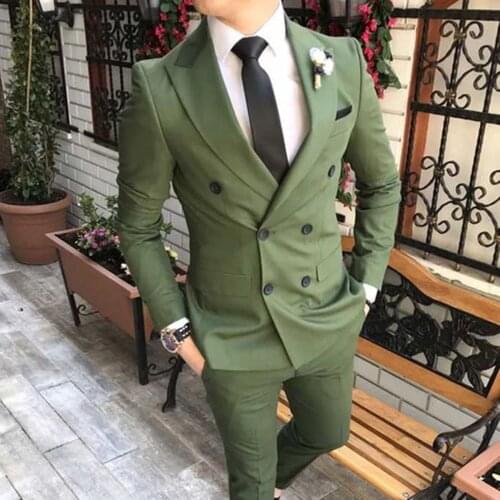 Double Breasted Suit Men Wedding Dress 2021 Green Slim Fit Terno Masculino Designer Fashion Formal Tuxedo Groom Party Suits