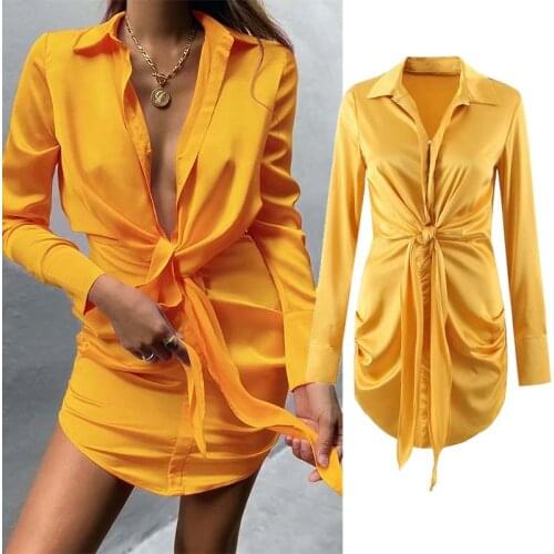 Klkxmyt Za 2021 Summer Dress Women Fashion Satin Wrap Dress Woman Vintage Long Sleeve Ruched Mini Casual Beach Womens Dresses