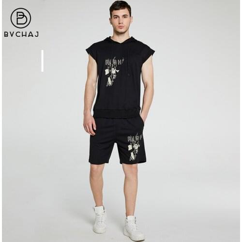 SummerMens Hooded Sportsuit 2 Piece Sleeveless Vest Jogging Print T-Shirt + Fitness Shorts Quick-Dry Sportswear Casual Men Wear