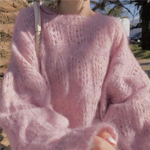 Limiguyue White Pink Chic Mohair Sweater Autumn Hollow Out O-Neck Casual Long Sleeve Pullovers Loose Women Jumper Knitwear K2510