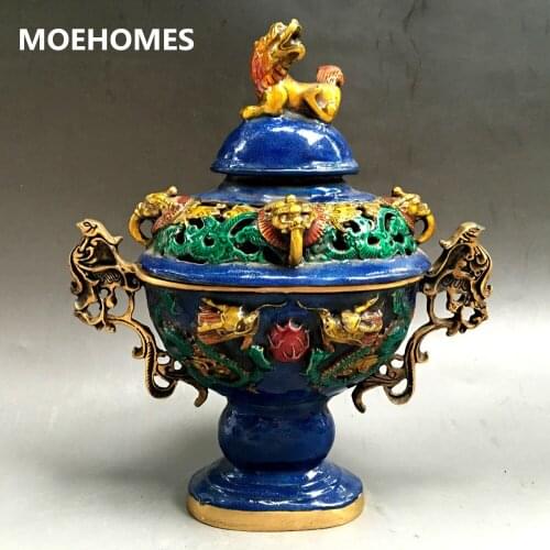 MOEHOMES Chinas ancient cloisonne double dragon statue bronze Colored glaze Incense burner home decoration Metal crafts